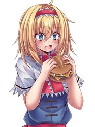  1girl ahoge alice_margatroid blonde_hair blue_eyes burger capelet commentary_request crying crying_with_eyes_open food frilled_hairband frills hairband hands_up highres holding holding_burger holding_food looking_at_food medium_hair open_mouth red_hairband simple_background siw0n solo tearing_up tears textless_version touhou tsurime upper_body wavy_mouth weight_conscious white_background white_capelet 