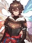  1boy ahoge armor belt bishounen blue_wings breastplate brown_hair brown_wings cape chickenuma_0 commentary commentary_request expressionless feathered_wings granblue_fantasy hair_between_eyes highres hood hood_down light_frown male_focus purple_wings red_cape red_eyes red_wings sandalphon_(granblue_fantasy) short_hair turtleneck white_wings wings 