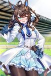  1girl ahoge belt blue_eyes blurry blurry_background blush breasts commentary_request daring_tact_(umamusume) gloves hair_between_eyes hair_ornament highres looking_at_viewer medium_breasts medium_hair open_mouth pantyhose racetrack shirokuma_a sky solo thighs umamusume 