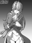  1girl absurdres ahoge aqua_eyes ascot breasts character_name commentary evil_smile girls_frontline gloves gradient_background greyscale highres lee-enfield_(girls&#039;_frontline) long_hair looking_at_viewer minami_shin_(zenshuu_bougyo) monochrome partially_shaded_face shaded_face smile solo spot_color straight-on 