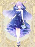  1girl ankle_flower antlers bare_arms bare_shoulders blue_bow blue_dress blue_eyes blue_flower blue_footwear blue_veil bob_cut bow braid chateau_francesca choker closed_mouth dairoku_ryouhei dress empire_waist falling_petals flower flower_trim full_body gradient_hair hair_between_eyes hair_flower hair_ornament high-low_skirt holding holding_flower horns hydrangea looking_at_viewer multicolored_hair natsu_nts pendant_choker petals pink_eyes pink_flower purple_hair red_choker shoes short_hair side_braid smile solo standing strapless strapless_dress tree_horns veil waist_bow wrist_flower yellow_background 