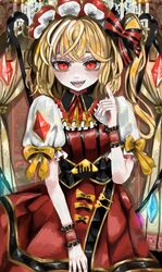  1girl alternate_costume blonde_hair cowboy_shot crystal_wings fangs flandre_scarlet highres open_mouth puffy_short_sleeves puffy_sleeves red_eyes ribbon short_sleeves side_ponytail solo touhou wrist_cuffs xeu_6 yellow_ribbon 