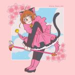  1girl alicia_rose animal_ears antenna_hair artist_name bell cardcaptor_sakura cherry_blossoms clouds dress english_commentary fake_animal_ears fake_tail frilled_dress frills full_body holding holding_wand jingle_bell kinomoto_sakura light_brown_hair long_sleeves looking_to_the_side pink_dress pink_footwear short_hair smile solo tail wand 