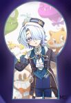  11524tene 1boy black_coat blue_hair clockie_(honkai:_star_rail) coat colored_eyelashes hamster_ball_knight_(honkai:_star_rail) hanu_(honkai:_star_rail) hat highres honkai:_star_rail honkai_(series) keyhole light_blue_hair misha_(honkai:_star_rail) open_mouth origami_bird_(honkai:_star_rail) ponytail shorts violet_eyes 