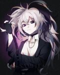  1girl :3 androgynous black_hair chain choker dress_shirt fingerless_gloves flower_(vocaloid) flower_(vocaloid3) gloves high_ponytail highres jacket looking_at_viewer multicolored_hair sample_watermark shirt simple_background two-tone_hair violet_eyes vocaloid watermark white_hair zrry331386 