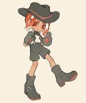  1boy :3 animal_hands babxie black_bow black_bowtie black_footwear black_shorts boots bow bowtie closed_mouth cowboy_hat english_commentary full_body gloves hat high_heel_boots high_heels highres looking_at_viewer male_focus medium_hair octoling octoling_boy octoling_player_character orange_hair paw_gloves red_eyes shorts simple_background smile solo splatoon_(series) splatoon_3 suspenders tentacle_hair thick_eyebrows white_background 