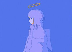  1girl angel angel_wings blunt_bangs commentary_request eyelashes film_grain glitch halo highres jacket limited_palette long_hair looking_ahead open_clothes open_jacket original profile purple_background purple_hair sskitaco turtleneck upper_body wings yellow_halo 