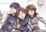  3boys arnold_neumann black_hair brown_hair closed_mouth green_eyes gundam gundam_seed gundam_seed_freedom kira_yamato military military_uniform misuke_(gyouran) multiple_boys non-humanoid_robot one_eye_closed open_mouth robot robot_animal short_hair smile tolle_koenig torii_(gundam) uniform violet_eyes 