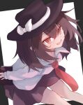  1girl :d black_border black_hat black_skirt border bow breasts brown_eyes brown_hair collared_shirt commentary_request fedora from_above hat hat_bow highres long_sleeves lugoner1430 medium_hair miniskirt necktie open_mouth red_necktie shirt short_sleeves simple_background skirt small_breasts smile solo touhou usami_renko white_background white_bow white_shirt 
