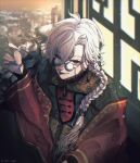  1boy :p aegyo_sal braid chinese_clothes ear_chain earrings eyewear_strap fangs highres holding holding_smoking_pipe jewelry kuzuha_(nijisanji) long_hair long_sleeves looking_at_viewer male_focus mole mole_under_eye nijisanji pointy_hair red_eyes round_eyewear smoking_pipe tayuta_(tayuta_fa) tongue tongue_out twitter_username white_hair 