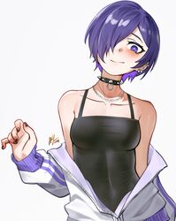  1girl absurdres alternate_costume black_choker black_dress black_nails blue_hair blush breasts choker collarbone dress ear_piercing earrings highres jacket jewelry kirishima_touka large_breasts looking_at_viewer nail_polish off_shoulder piercing pink_jacket short_hair smile solo spiked_choker spikes standing tokyo_ghoul upper_body waligner white_background white_jacket 