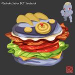  artist_logo artist_name bacon bread burger cheese food food_focus food_name grey_background highres lettuce machoke meat no_humans pokemon pokemon_(creature) simple_background tomato tomato_slice yuki00yo 