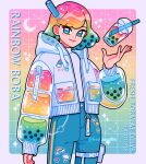 1girl artist_name blue_eyes blue_pants bubble_tea constellation crescent_moon cup disposable_cup draw_this_in_your_style_challenge drinking_straw emily_kim floating gradient_background grid_background highres jacket liquid liquid_hair long_sleeves looking_at_viewer moon multicolored_clothes multicolored_hair multicolored_jacket original pants print_hair puffy_long_sleeves puffy_sleeves rainbow_gradient rainbow_hair rainbow_sticker see-through see-through_hood see-through_sleeves shirt shooting_star solo sparkle two-tone_jacket white_jacket white_shirt zipper_pull_tab 