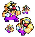  1boy big_nose cleft_chin facial_hair gloves grin hat looking_at_viewer multiple_views muscular muscular_male mustache overalls pointy_ears purple_overalls reference_inset scrubbdubb shirt simple_background smile sprite wario wario_land wario_land_4 white_background white_gloves yellow_hat yellow_shirt 