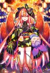  1girl :d age_of_ishtaria azrael_(age_of_ishtaria) black_kimono blush feathered_wings fireworks fox_mask grey_hair hair_ornament halo highres japanese_clothes kimono lantern looking_at_viewer mask mask_on_head multicolored_hair munlu_(wolupus) obi open_mouth orange_eyes paper_lantern red_eyes red_halo red_wings salix_(age_of_ishtaria) sash sleeves_past_wrists smile solo thigh-highs two-tone_hair white_thighhighs wings 