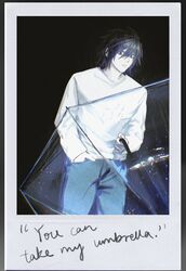  1boy black_background black_eyes black_hair blue_pants closed_mouth death_note english_text hair_between_eyes hand_in_pocket highres holding holding_umbrella l_(death_note) long_sleeves looking_at_viewer male_focus pale_skin pants polaroid_photo rain shirleyzhang041 shirt short_hair solo transparent transparent_umbrella umbrella upper_body white_shirt 