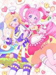  2girls :q ;d ahoge aozora_himari bare_shoulders bird blonde_hair blue_eyes bridal_garter checkered_background chef_hat chick commentary detached_sleeves dot_nose dress drill_hair finger_to_cheek food fried_egg frilled_thighhighs frills from_below frying_pan hand_up hands_up haru_(haru1bc6c4) hat heart highres himitsu_no_aipri holding holding_another&#039;s_arm holding_frying_pan holding_spatula holding_tray hoshikawa_mitsuki index_finger_raised long_hair long_sleeves looking_at_viewer low_twintails multiple_girls omelet omurice one_eye_closed open_mouth pink_hair pretty_series puffy_dress purple_outline purple_thighhighs short_dress short_sleeves smile sparkling_eyes spatula thigh-highs tongue tongue_out tray twin_drills twintails very_long_hair violet_eyes white_background white_thighhighs zettai_ryouiki 