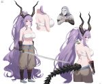  1girl absurdres arknights bare_shoulders black_gloves breasts brown_pants gloves hairband highres holding holding_sword holding_weapon horns large_breasts long_hair midriff pants ponytail purple_hair socks sword tail typhon_(arknights) very_long_hair violet_eyes weapon xooku 