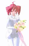  1girl ahoge bouquet bow bowtie commentary drill_hair flower formal highres holding holding_bouquet jacket kasane_teto long_sleeves looking_at_viewer nan_(71nnmo) red_eyes redhead ribbon rose smile solo suit thigh_gap traditional_bowtie twin_drills utau 