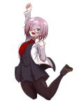  1girl arm_up black_dress blush breasts dress fate/grand_order fate_(series) full_body glasses hair_over_one_eye highres jumping looking_at_viewer mash_kyrielight medium_breasts midair mine_thrower_(ore_no_bakudan) necktie open_mouth purple_hair red_necktie shoes short_hair simple_background smile solo sweater violet_eyes 