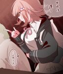  1girl 345_myk breasts collared_shirt danganronpa_(series) danganronpa_2:_goodbye_despair flipped_hair galaga hair_ornament highres hood jacket long_sleeves medium_hair nanami_chiaki neck_ribbon open_clothes open_jacket pink_eyes pink_ribbon ribbon shirt skirt solo_focus white_shirt 