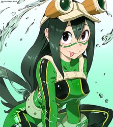  1girl :p asui_tsuyu black_eyes bodysuit boku_no_hero_academia breasts goggles goggles_on_head green_hair highres long_hair looking_at_viewer medium_breasts smile solo spread_legs tongue tongue_out water yonezawa_mao 