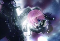  1girl blue_eyes fate/grand_order fate_(series) hair_over_one_eye holding holding_shield konbu_(comb) light mash_kyrielight medium_hair pink_hair shadow shield solo 