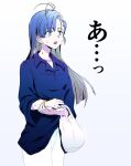  1girl ado_(utaite) ahoge bag blue_eyes blue_hair bracelet breasts collarbone collared_shirt commentary_request handbag jewelry long_hair long_sleeves medium_breasts merry_(ado) ohiyaglass open_mouth pants readymade_(ado) shirt solo sweat translated white_bag white_pants 