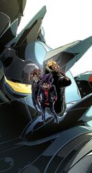  3boys asami_teru black_coat black_footwear blonde_hair blue_eyes brown_eyes brown_hair coat crossed_arms glasses grin highres hijikata_ryuugo ichidaji_yamato jacket kakashino_kakato looking_at_viewer male_focus mecha megaton_musashi multiple_boys musashi_(megaton_musashi) necktie open_clothes open_jacket purple_hair red_necktie red_shirt robot school_uniform shirt short_hair smile spiky_hair standing 