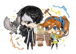  1boy 1girl :d ace_attorney animal athena_cykes bird black_coat black_footwear black_hair black_jacket black_necktie black_pants blue_eyes blue_necktie blue_ribbon blush chibi chibi_only coat courtroom crescent crescent_earrings earrings feather_in_mouth feathers full_body gavel hair_between_eyes hair_ribbon hand_in_pocket hawk jacket jewelry long_hair looking_at_another multicolored_hair necklace necktie open_clothes open_jacket open_mouth orange_hair ottehare pants pantyhose ribbon shirt side_ponytail simon_blackquill single_earring skirt smile taka_(ace_attorney) two-tone_hair very_long_hair white_footwear white_hair white_shirt yellow_jacket yellow_skirt 