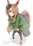  1girl absurdres animal_ears arm_under_breasts ascot black_ascot black_thighhighs boots breasts brown_hair center_frills character_name closed_mouth ear_ornament frills full_body green_skirt highres horse_ears horse_girl horse_tail hukurou96 leaning_forward long_hair looking_at_viewer satono_diamond_(umamusume) shirt shrug_(clothing) skirt small_breasts smile solo standing tail thigh-highs umamusume white_footwear white_shirt yellow_eyes 