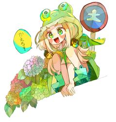  1girl abekoma bag blonde_hair blush flower frog full_body green_eyes hat highres long_hair moriya_suwako open_mouth raincoat school_bag simple_background smile solo speech_bubble squatting teeth touhou twintails upper_teeth_only 