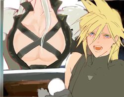  2boys against_glass armor black_coat black_gloves blonde_hair blue_eyes car_interior chest_strap cloud_strife coat crying crying_with_eyes_open final_fantasy final_fantasy_vii gloves grey_hair head_out_of_frame high_collar holding junline1260162 long_hair looking_at_viewer male_focus materia meme multiple_boys open_mouth pauldrons pectoral_press pectorals_on_glass scared screaming sephiroth shirt short_hair shoulder_armor sleeveless sleeveless_turtleneck spiky_hair tears tears_from_one_eye teeth turtleneck woman_scared_of_breasts_(meme) 