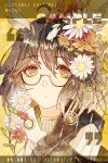  1girl arknights artist_name brown_hair commentary_request english_text feather_hair flower glasses highres long_hair looking_at_viewer orange_eyes owl_ears owl_girl semi-rimless_eyewear short_hair silence_(arknights) solo under-rim_eyewear white_flower yellow_background zyt 