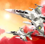  2others aim-9_sidewinder aircraft airplane clouds cloudy_sky commentary_request f-16_fighting_falcon fighter_jet highres jet matsuda_juukou military_vehicle multiple_others orange_sky original pilot red_clouds roundel russo-ukrainian_war sky sun vehicle_focus 