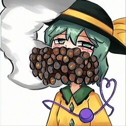  1girl black_hat bow english_commentary full_mouth gentlemen_(meme) green_eyes green_hair hat hat_bow highres komeiji_koishi lad_der meme shirt smoking solo sun_hat team_fortress_2 too_many_cigarettes too_many_in_mouth touhou yellow_bow yellow_shirt 