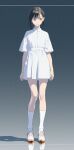  1girl black_hair dress full_body ishihama_masashi looking_to_the_side orange_eyes original shoes short_hair short_sleeves smile sneakers socks solo standing white_dress white_socks 