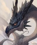  animal_focus black_horns blue_background blue_scales constricted_pupils dragon highres horns looking_at_viewer monster no_humans orange_eyes original scales sharp_teeth signature simple_background solo spikes tail teeth upper_body western_dragon wings yamamura_le 
