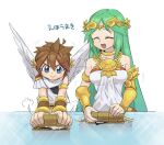  1boy 1girl ahoge angel angel_wings brown_hair chain diadem food_request gold_chain green_hair kid_icarus laurel_crown palutena pit_(kid_icarus) scarf suno_(imydream) v-shaped_eyebrows vambraces white_scarf wings 