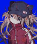  1girl absurdres black_hat blue_background blue_eyes closed_mouth evangelion:_3.0_you_can_(not)_redo eyepatch frown hat highres jacket long_hair looking_at_viewer neon_genesis_evangelion rebuild_of_evangelion red_track_suit solo soresaki souryuu_asuka_langley track_jacket 