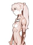  1girl bodysuit commentary effy_neprin english_text freckles from_side highres interface_headset long_hair looking_to_the_side neon_genesis_evangelion pilot_suit plugsuit profile sepia simple_background solo souryuu_asuka_langley 