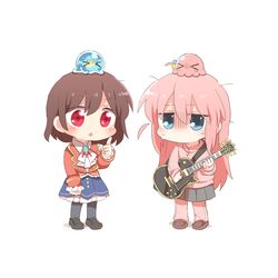  2girls :o black_footwear black_pantyhose blue_eyes blue_skirt bocchi_the_rock! brown_footwear character_request chibi closed_eyes collared_shirt electric_guitar frilled_skirt frills gotoh_hitori grey_skirt guitar hair_between_eyes hand_up holding holding_instrument index_finger_raised instrument jacket loafers long_hair multiple_girls on_head pants pants_under_skirt pantyhose parted_lips pink_hair pink_jacket pink_pants pleated_skirt plectrum rebecca_(keinelove) red_jacket shirt shoes simple_background skirt slime_(creature) sweat tears track_jacket track_pants track_suit turn_pale very_long_hair white_background white_shirt 