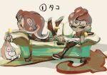  1boy 1girl agent_8_(splatoon) black_footwear black_shirt black_skirt book boots closed_mouth couch crop_top half-closed_eyes koike3582 long_hair lying miniskirt mohawk octoling octoling_boy octoling_girl octoling_player_character octotrooper on_couch on_stomach open_book redhead shirt short_hair simple_background sitting skirt splatoon_(series) splatoon_2 splatoon_2:_octo_expansion suction_cups tentacle_hair white_background 
