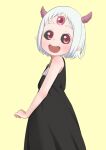  1girl :d black_dress black_sclera blush colored_sclera dress easy_(aqk7bdqt) hime-sama_&quot;goumon&quot;_no_jikan_desu horns looking_at_viewer maomao_(himesama_goumon) pointy_ears red_eyes short_hair simple_background sleeveless sleeveless_dress smile solo standing third_eye white_hair 