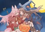  2girls 4711_(xx) animal_ears bang_dream! bang_dream!_it&#039;s_mygo!!!!! brown_hair carrying carrying_person chihaya_anon coat collar floating_hair fox_ears fox_girl fox_tail green_coat green_hat halloween hat highres hood hooded_jacket jack-o&#039;-lantern jacket kemonomimi_mode long_hair multiple_girls nagasaki_soyo neck_ribbon one_eye_closed open_clothes open_jacket open_mouth pink_hair princess_carry red_collar red_jacket red_ribbon ribbon shirt sweatdrop tail teeth upper_teeth_only white_shirt witch_hat 