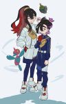  1boy 1girl bag black_hair blue_jacket brother_and_sister carmine_(pokemon) closed_mouth full_body gloves grin hair_between_eyes hand_on_own_hip highres holding holding_poke_ball jacket kieran_(pokemon) long_hair long_sleeves looking_at_viewer mole mole_on_neck mole_under_mouth multicolored_hair pants partially_fingerless_gloves poke_ball poke_ball_(basic) pokemon pokemon_(creature) pokemon_sv ponytail porygon-z pr_toko purple_hair red_gloves redhead shoes shorts siblings simple_background single_glove sinistcha smile standing white_footwear white_jacket 