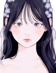  1girl artist_name black_hair blue_flower blush closed_mouth collarbone dated earrings flower grey_eyes hair_between_eyes hair_flower hair_ornament highres jewelry long_hair looking_at_viewer original portrait sidelocks signature simple_background solo white_background yoshino_ganko 