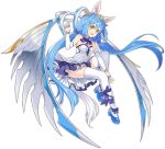  1girl :d animal_ears ark_order artist_request bare_shoulders blue_bow blue_bowtie blue_flower blue_hair blue_ribbon bow bowtie dress elbow_gloves fingerless_gloves flower frilled_dress frills full_body gloves gold_trim horse_ears horse_tail leg_ribbon long_hair low_twintails mechanical_wings official_art pegasus_(ark_order) ribbon shoes sidelocks sleeveless sleeveless_dress smile solo tachi-e tail thigh-highs tiara transparent_background twintails very_long_hair white_dress white_gloves white_thighhighs wing_hair_ornament wings wrist_cuffs yellow_eyes 