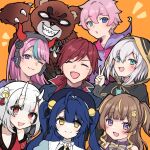  3boys 5girls amamiya_kokoro anya_melfissa ars_almal bear bear_trap bell black_ribbon blonde_hair blue_eyes blue_hair blush brown_hair claws closed_eyes crazy_raccoon crescent fake_horns feathers franciscoow green_eyes hair_bell hair_ornament hair_ribbon hat headphones heterochromia hiodoshi_ao_(artist) hizaki_gamma_(artist) hololive hololive_indonesia hood hoodie horned_headwear horns jacket konkon_aria_(artist) kurotansan lauren_iroas light_smile long_hair looking_at_viewer multicolored_hair multiple_boys multiple_girls nakiri_ayame nijisanji one_eye_closed open_mouth orange_background pink_hair red_eyes redhead ribbon selly55 sharp_teeth short_hair simple_background smile streaked_hair teeth twintails v violet_eyes white_hair yellow_eyes 