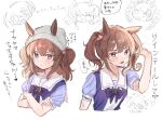  4girls alternate_hairstyle animal_ears beanie blush bow bowtie brown_hair charan_(4963_nkym) chibi chibi_inset cropped_torso crossed_arms ears_through_headwear female_trainer_(umamusume) gold_ship_(umamusume) grey_hat hand_in_own_hair hat highres horse_ears long_hair multiple_girls nakayama_festa_(umamusume) open_mouth pink_eyes purple_shirt sailor_collar school_uniform shirt short_sleeves solo_focus sweatdrop tosen_jordan_(umamusume) tracen_school_uniform trainer_(umamusume) translation_request twintails two_side_up umamusume upper_body yes 